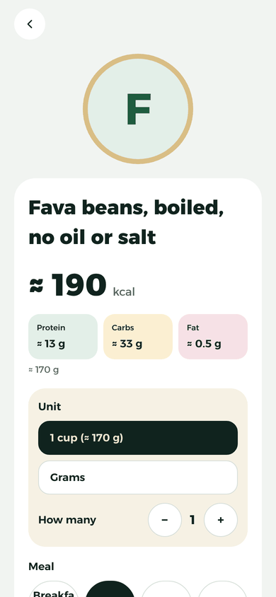 The fava beans screen: ≈ 190 kcal per cup (≈ 170 g), protein ≈ 13 g, carbs ≈ 33 g, fat ≈ 0.5 g.