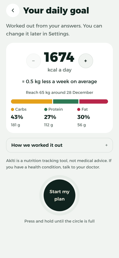 Aklti’s “Your daily goal” screen: 1674 kcal a day, about 0.5 kg less a week, and the protein, carbs and fat split.